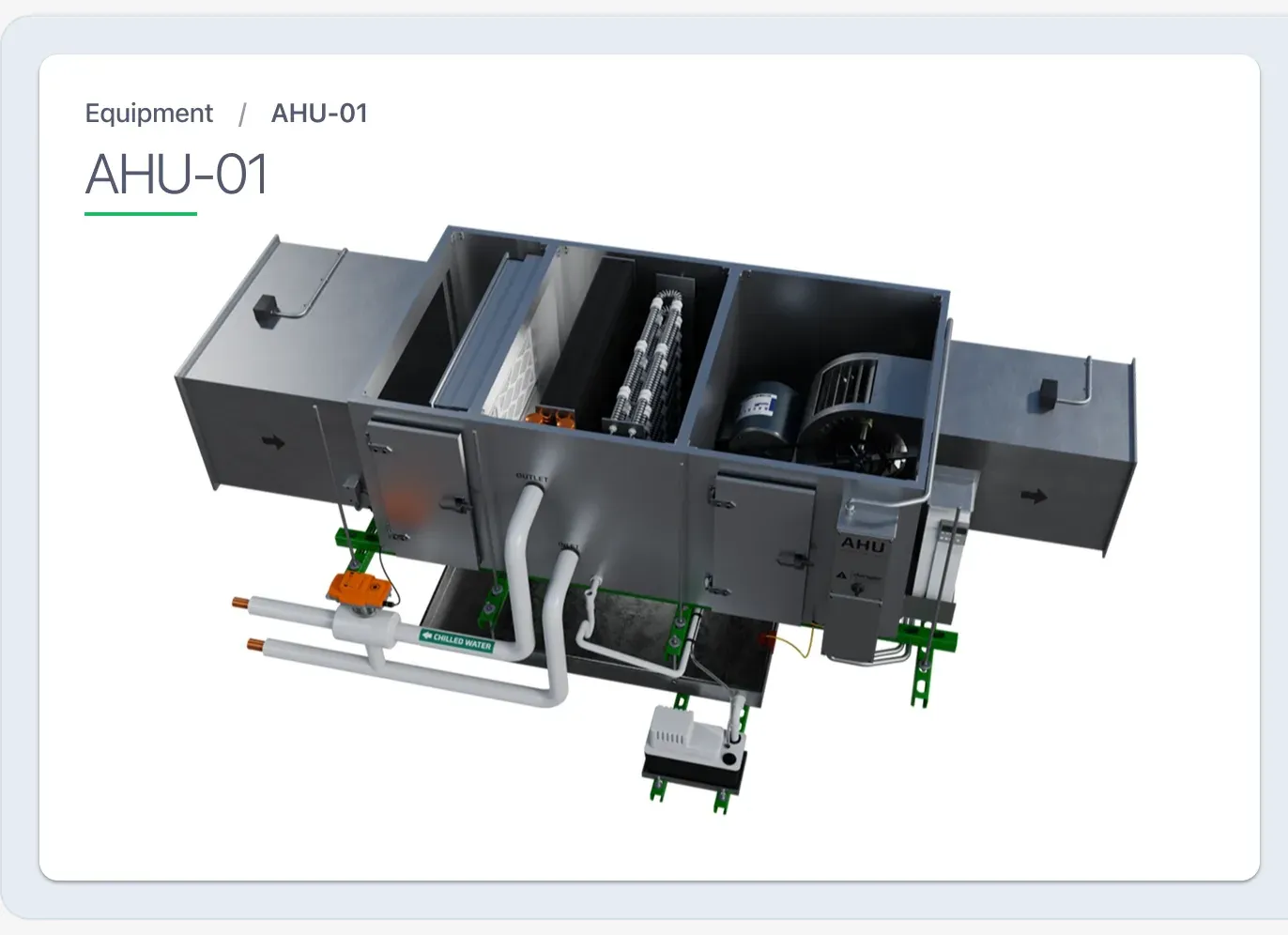 An equipment page for air handler AHU-01, with its 3D render