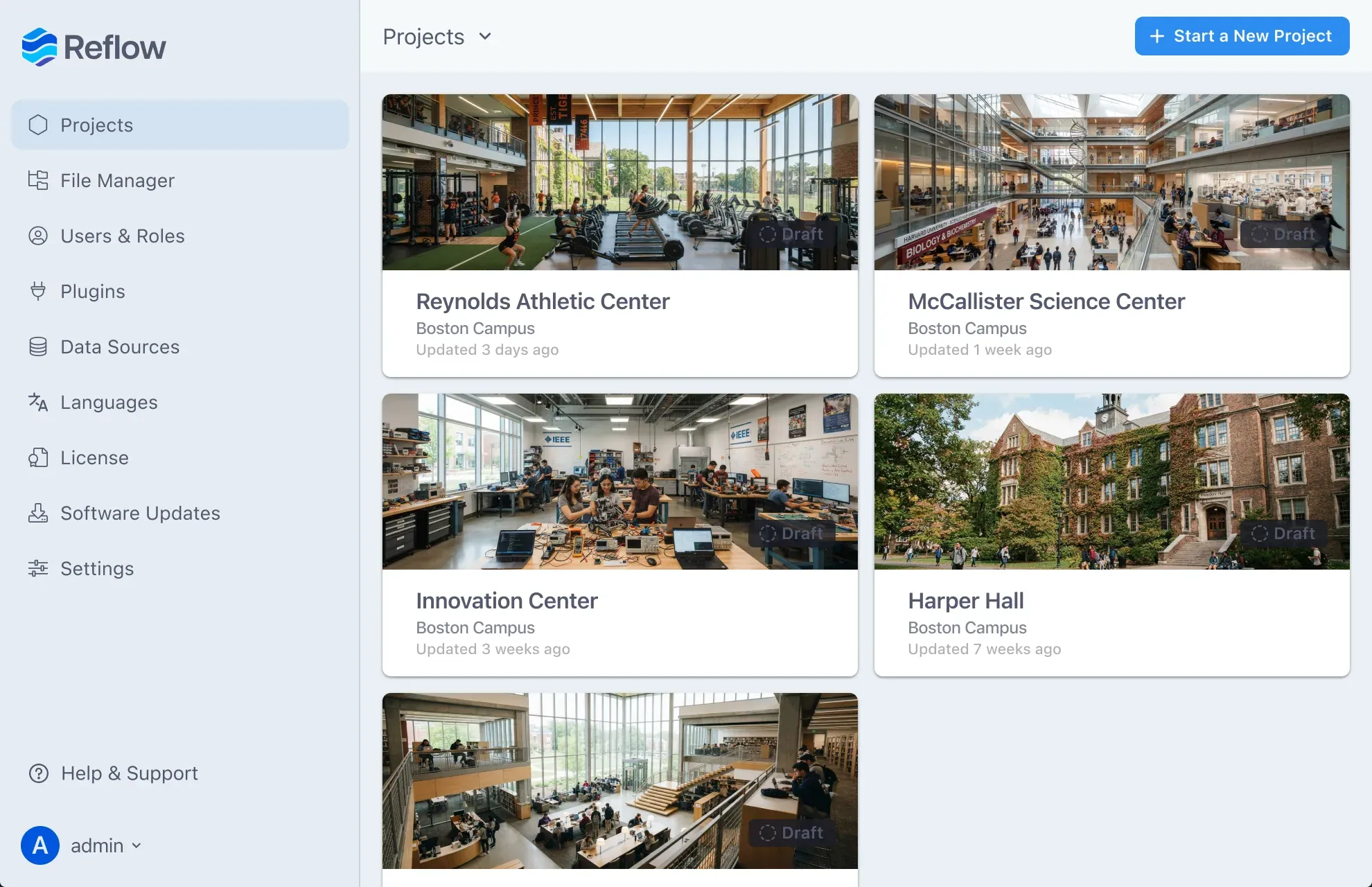 The Reflow 2 Projects list, with a photo card for each building's project