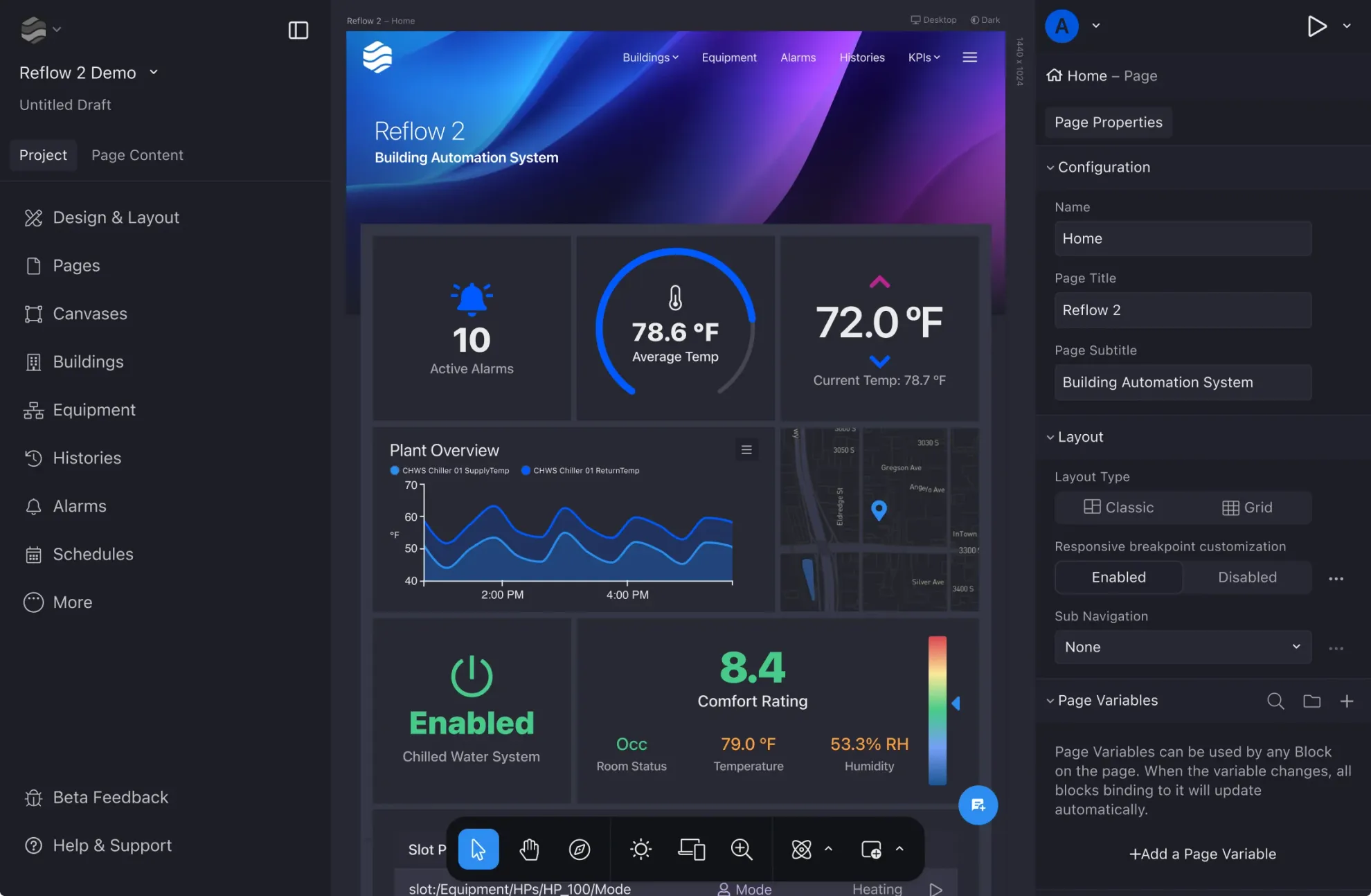 A Reflow 2 dashboard in the editor, in dark mode