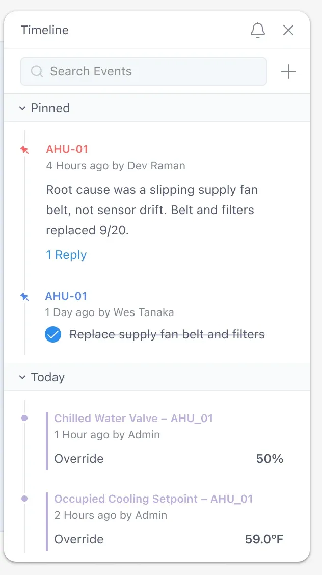 The Timeline panel for AHU-01: a pinned root-cause note, a completed task and today's setpoint overrides