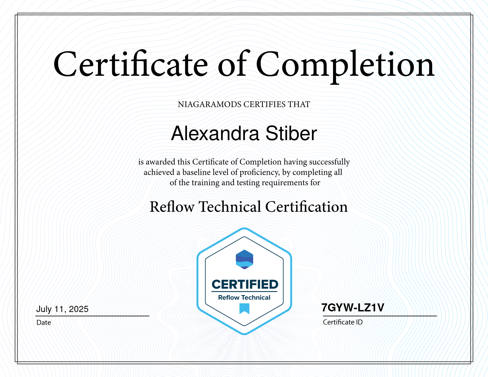 Certificate of Completion for Alexandra Stiber